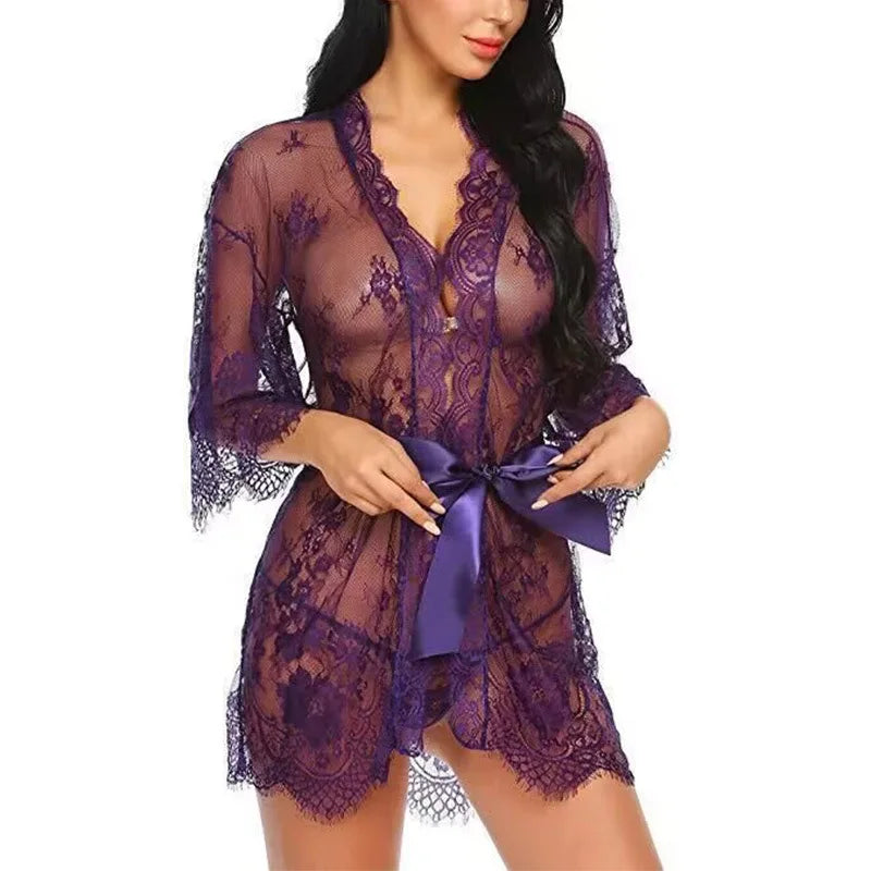 Sexy Lace Nightgown Robe Set for Women Sheer V Neck Lingerie Babydoll Dress with Kimono Gown and Thong Six Elegant Styles