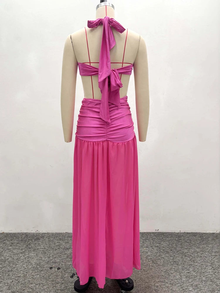 Beyprern Elegant Halter Neck O-Rings Crop Top And Ruched Maxi Skirt Set Holiday Outfits Female High Slit Beach Vestidos Clubwear