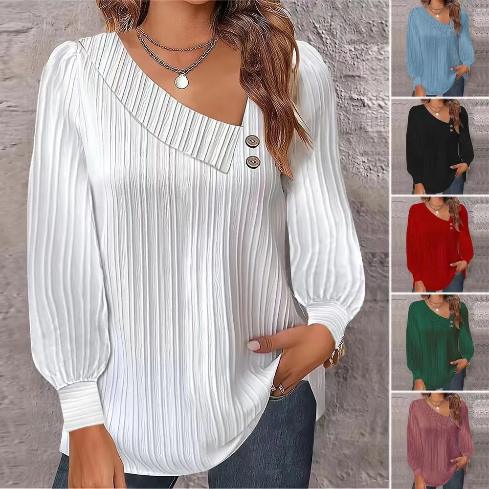 V-Neck Oblique Neck Button Pullover T-Shirt