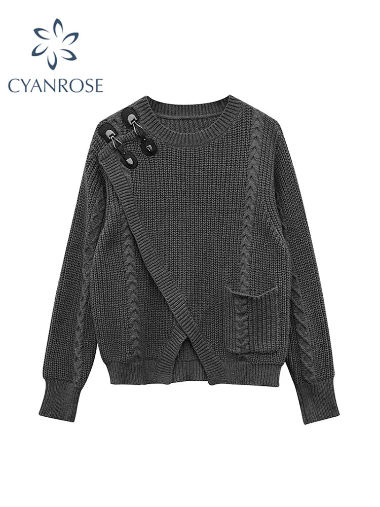 Knitted Oversized Sweater For Women - Asymmetrical Pullover