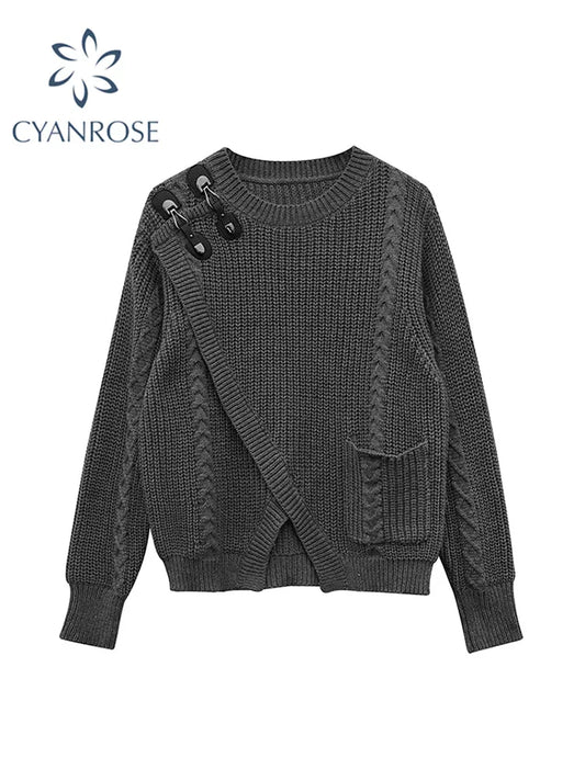 Knitted Oversized Sweater For Women - Asymmetrical Pullover