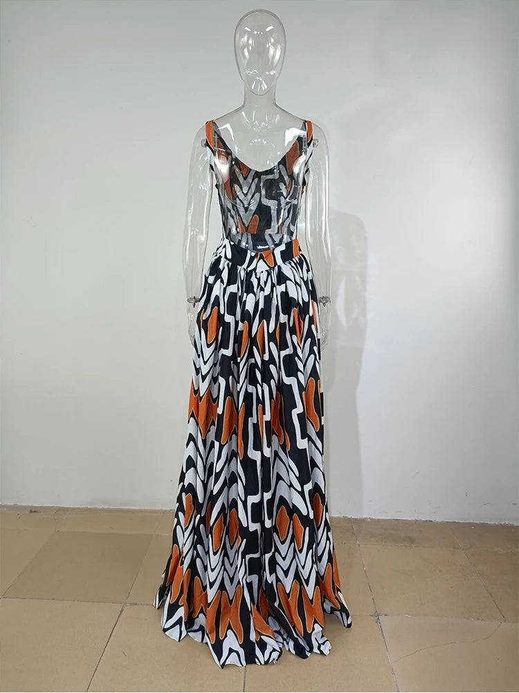 Backless Boho Print Big Swing Maxi Dress