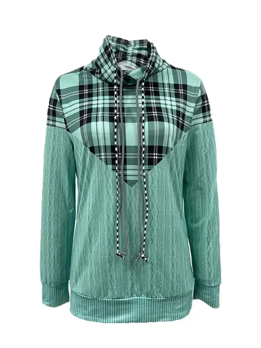 Patchwork Plaid High-Neck Long-Sleeve T-Shirt