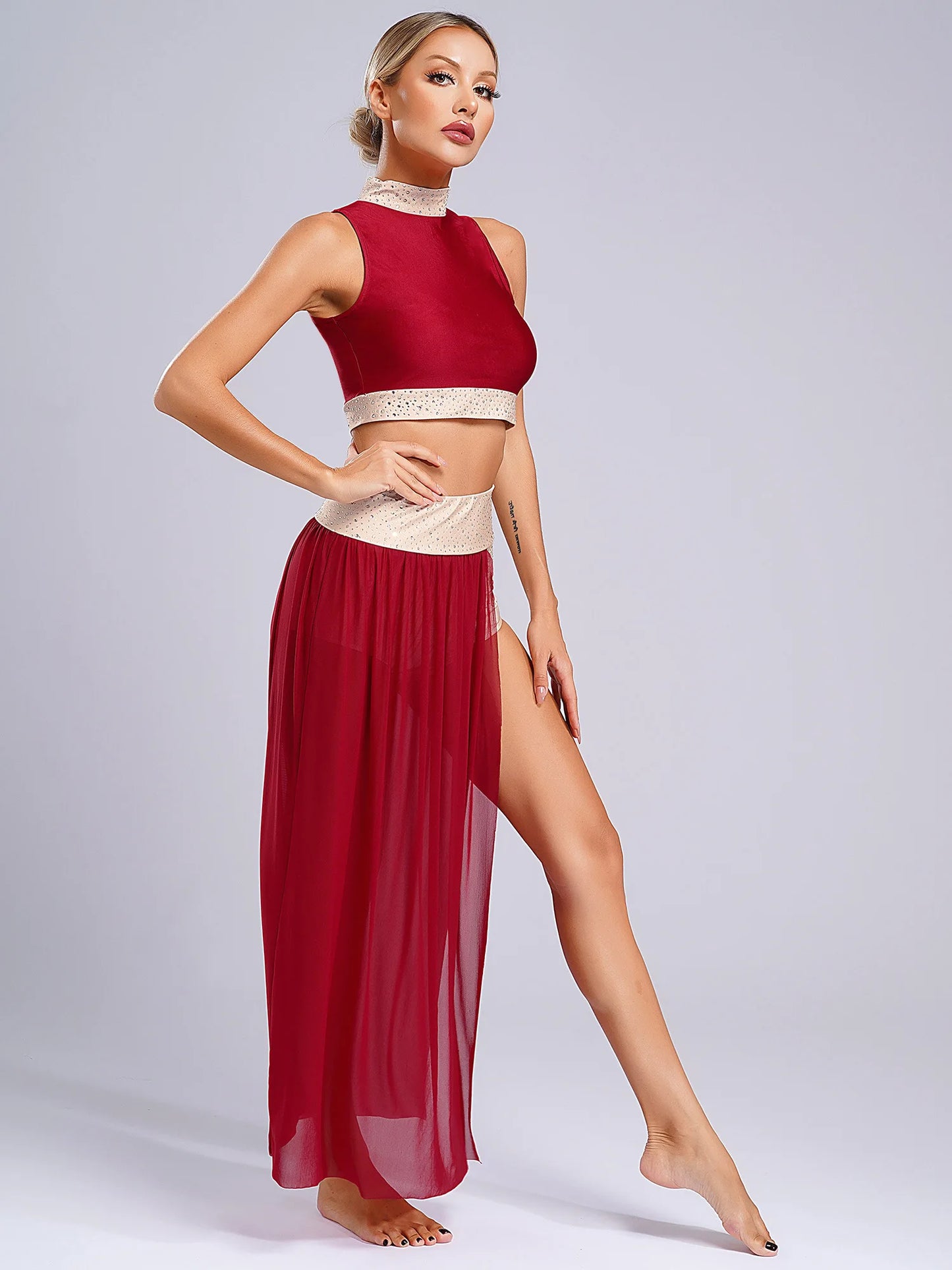 Women Lyrical Dance Costume Sleeveless Rhinestone Ballet Gymnastic Leotard Skirt with Crop Top Set Contemporary Dance Dress