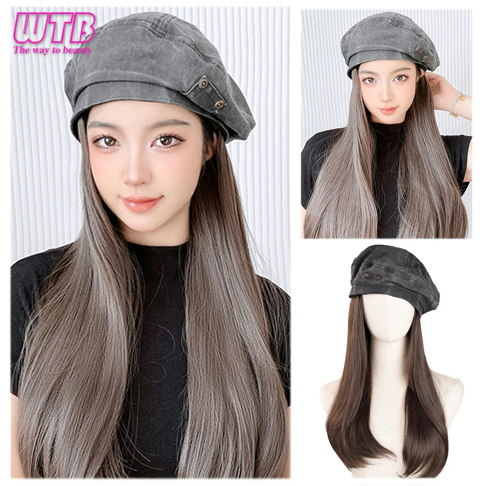 Women's Denim Beret - Synthetic Long Straight Wig Winter Hat