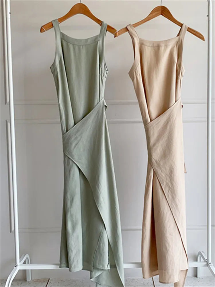 REALEFT Vintage Lace-Up Maxi Sashes Sleeveless Female Tank Beach Dress