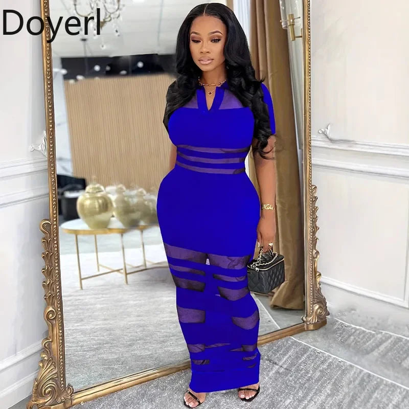 Doyerl See Through Mesh Patchwork Bodycon Maxi Dress Women Night Out Club Party Short Sleeve Polo Collar Sheath Long Dresses