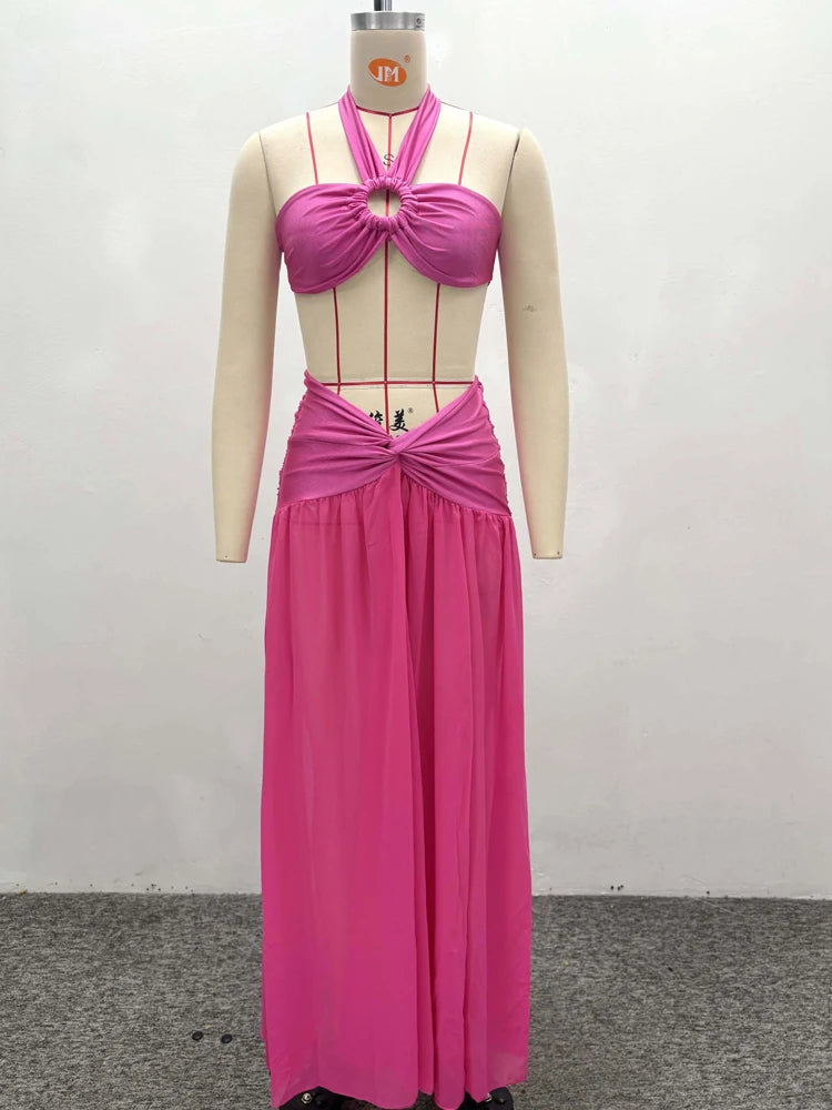 Beyprern Elegant Halter Neck O-Rings Crop Top And Ruched Maxi Skirt Set Holiday Outfits Female High Slit Beach Vestidos Clubwear