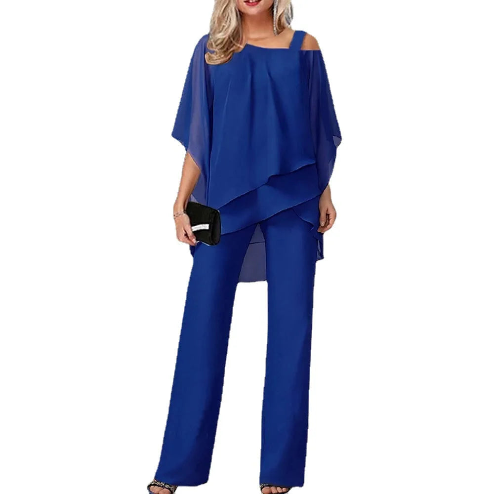 Solid-Colour Cold-Shoulder Two-Piece Set Jumpsuit