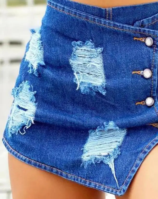 Button Fly Ripped Denim Skorts