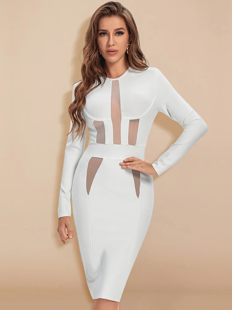 Long-Sleeve Mesh Bandage Hollow-Out Bodycon Dress