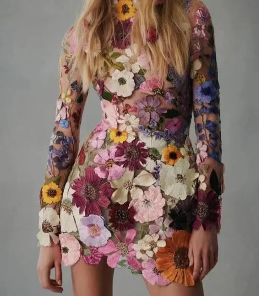 Sweet-Style Half-Turtleneck 3D Flower Package Hip Straight Long-Sleeve Mini Dress