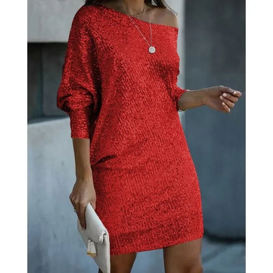 Slim-Fit Sequined Long-Sleeve Off-Shoulder Slash-Neck Party Mini Dress