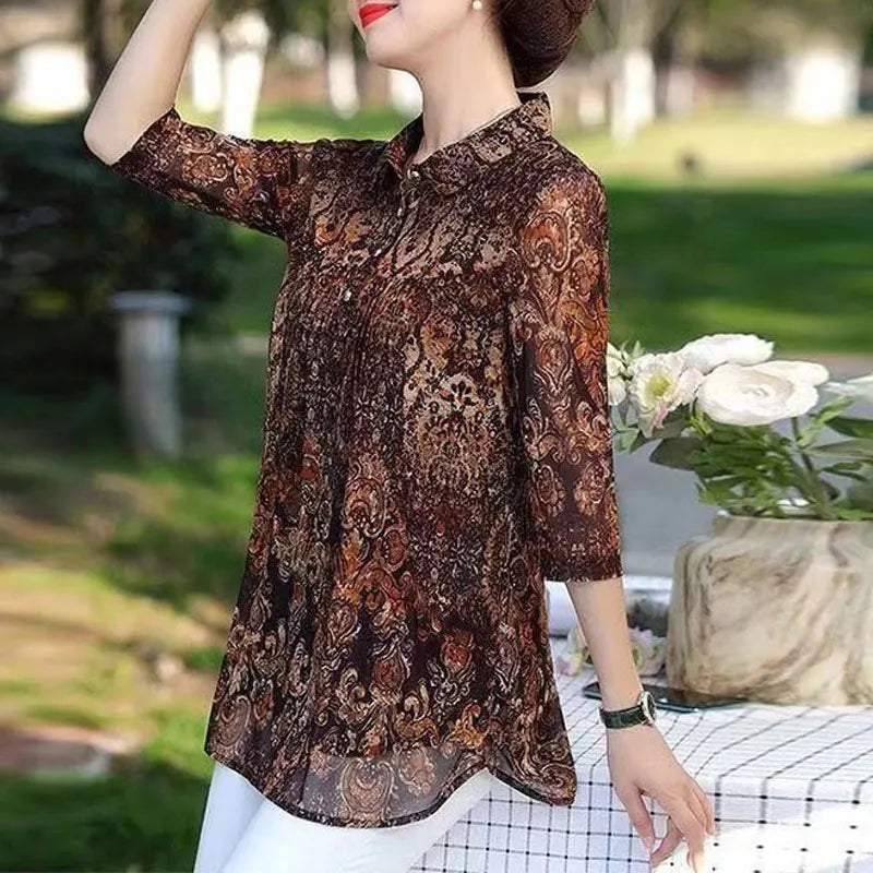 Turn-Down Collar Vintage Printed Blouse - Loose Midi Shirt