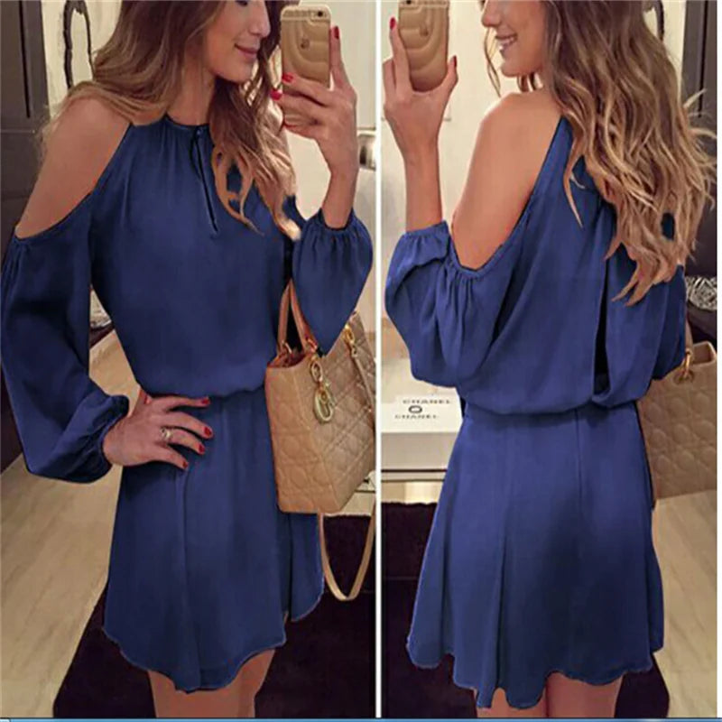 Elegant Long-Sleeve Chiffon Off-Shoulder Ruffled Dress