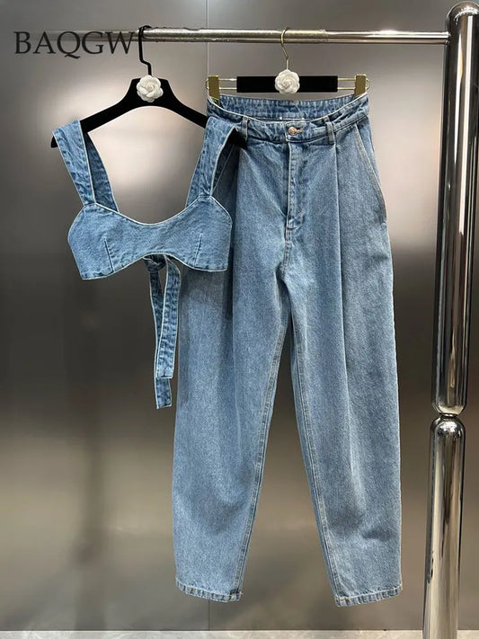 Sleeveless Lace-Up Backless Crop Top and High-Waist Denim Pants Set  For Women