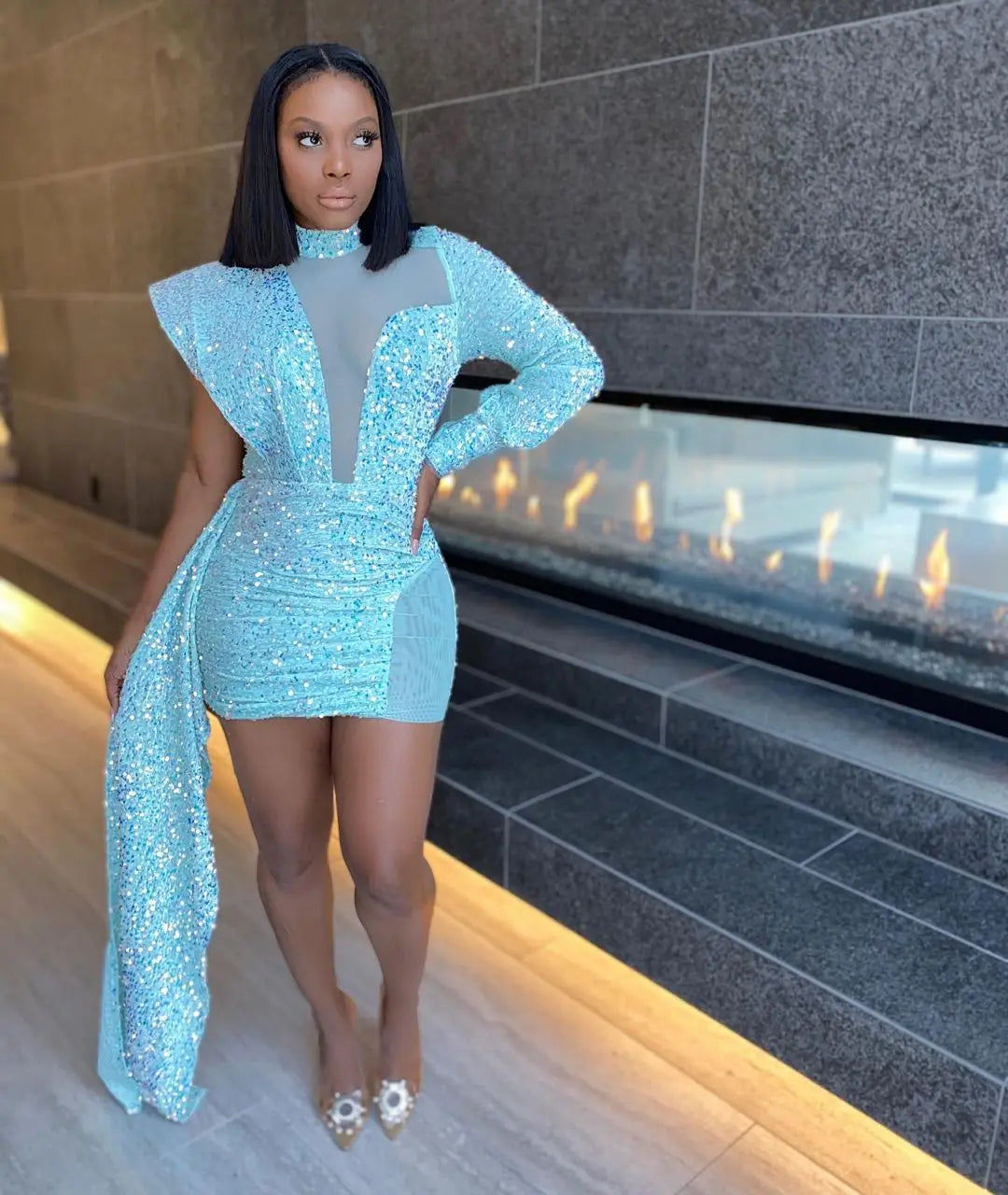 Sequin See-Through High-Neck Long-Sleeve Bodycon Tail Mini Dress