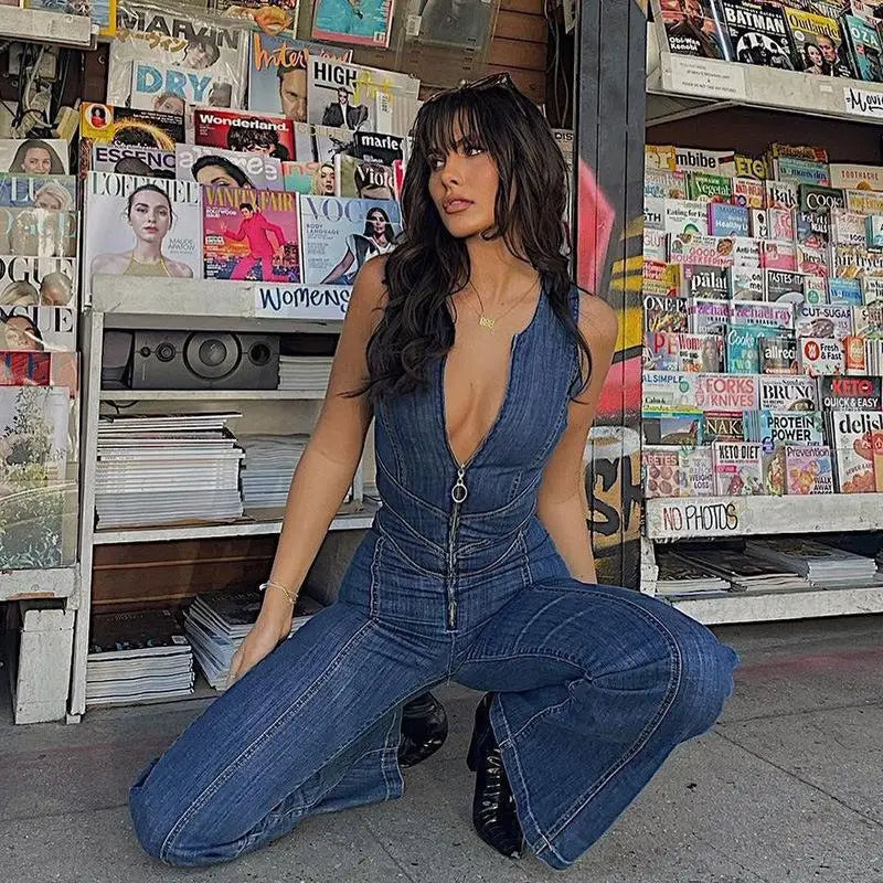 Wide-Leg Retro Denim Jumpsuit