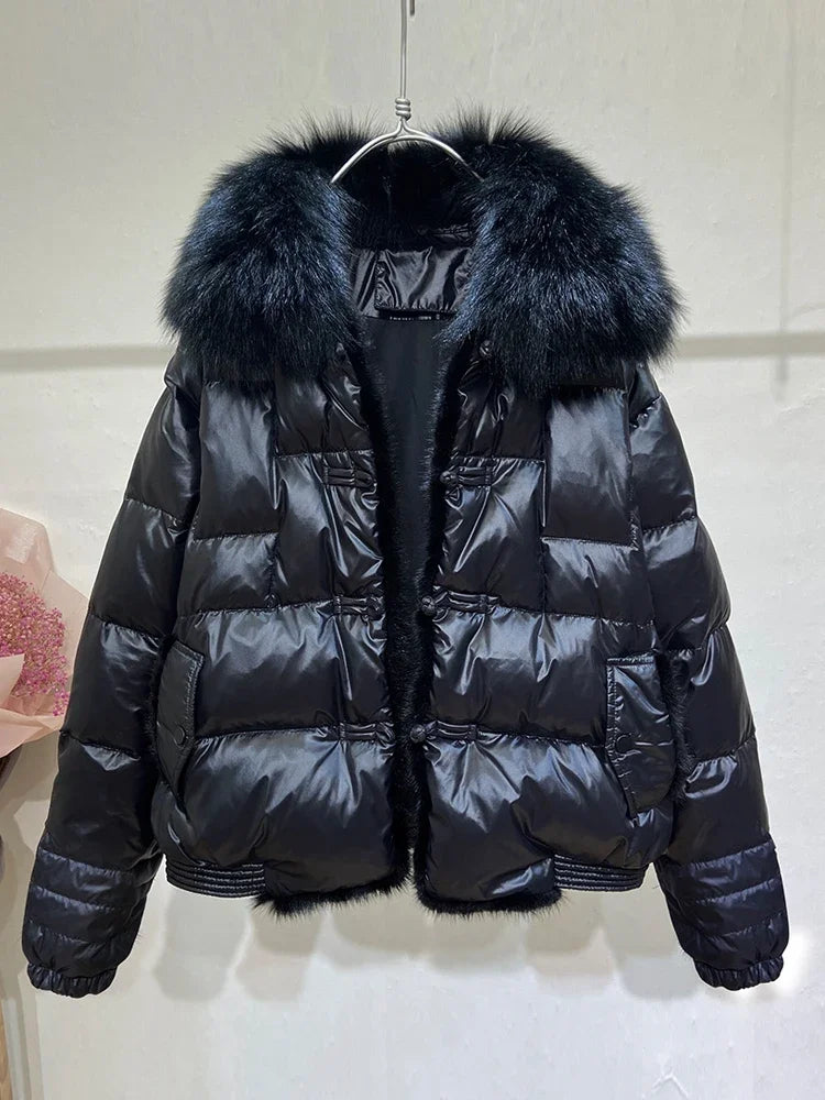 Women's New Winter Big Fur Collar Stitching Mink Short Down Jacket