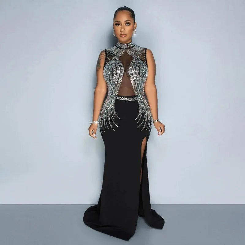 Round-Neck High-Slit Solid-Colour Hot Diamond Party Long Dress