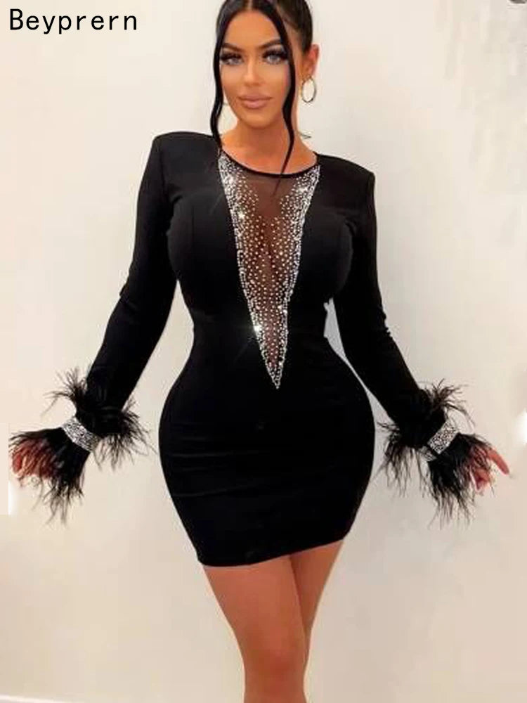 Beyprern Beautiful Crystal Feather Detail Mini Dress