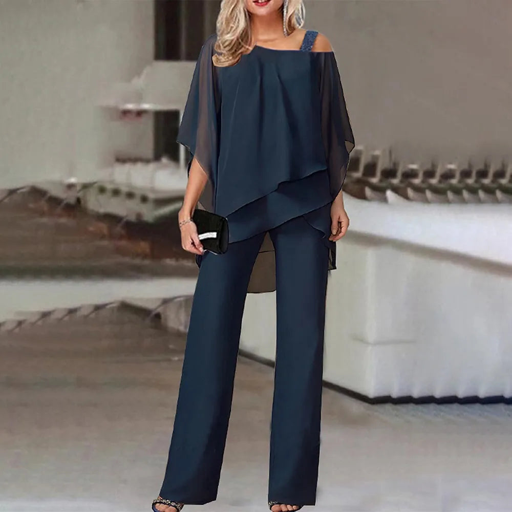 Solid-Colour Cold-Shoulder Two-Piece Set Jumpsuit