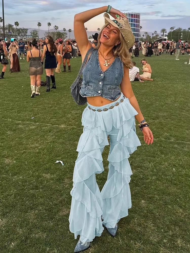 Women's Irregular Tierred Flared Trousers