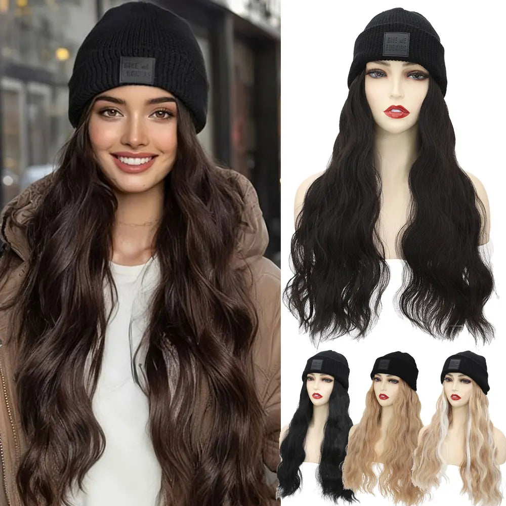 S-noilite Synthetic Black Hat Wig Beanies Hat With Hair Wigs For Women Straight Wavy Hair Warm Plush Knitted Autumn Winter Cap