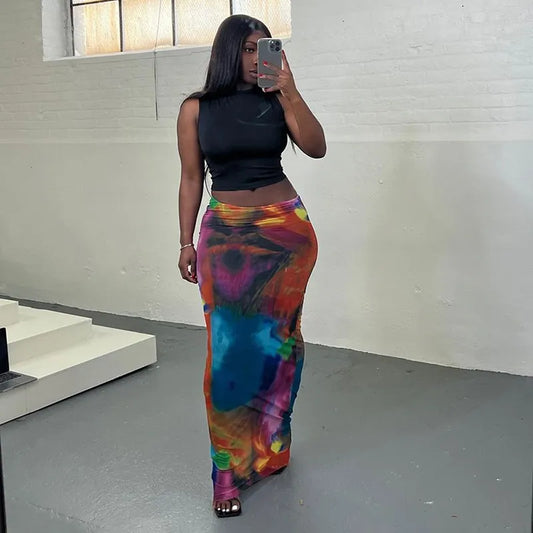 Cutenova Sexy Tie-Dyed Print Long Skirt