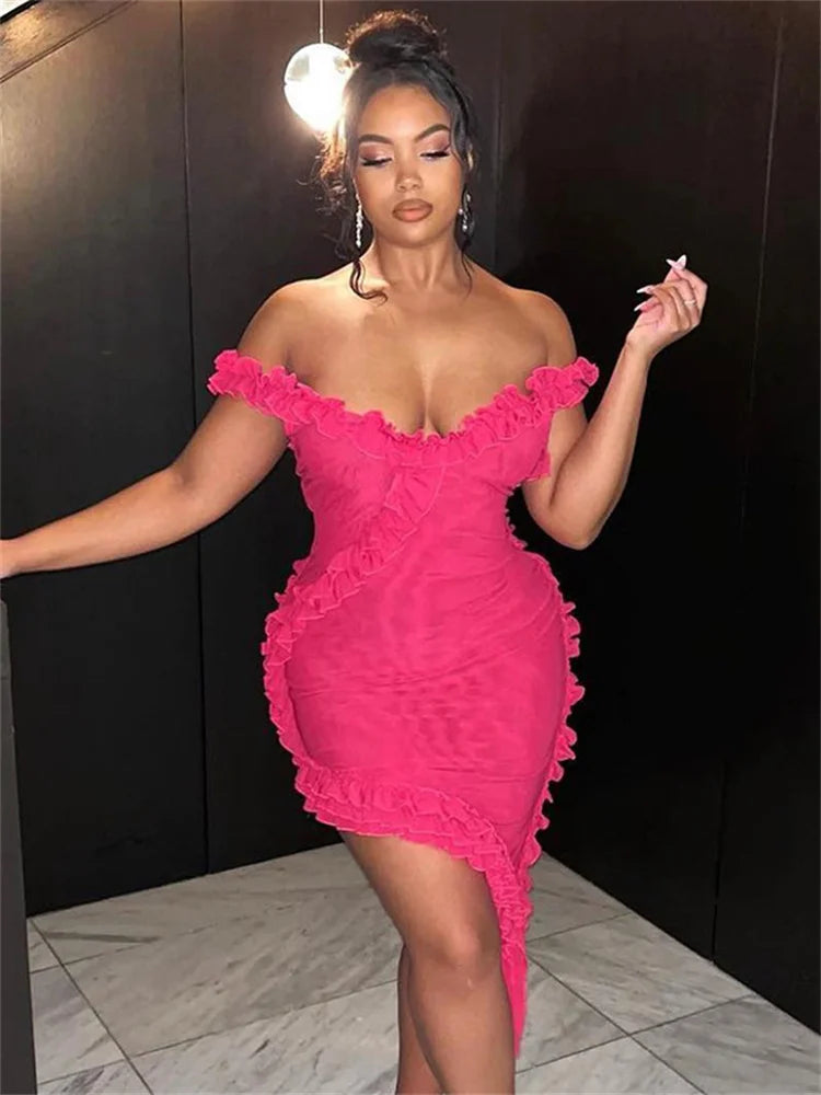 Fantoye Transparent Double-Layer Mesh Ruffles Asymmetrical Women's Backless Dress