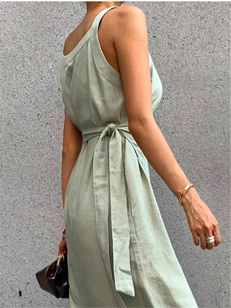 REALEFT Vintage Lace-Up Maxi Sashes Sleeveless Female Tank Beach Dress
