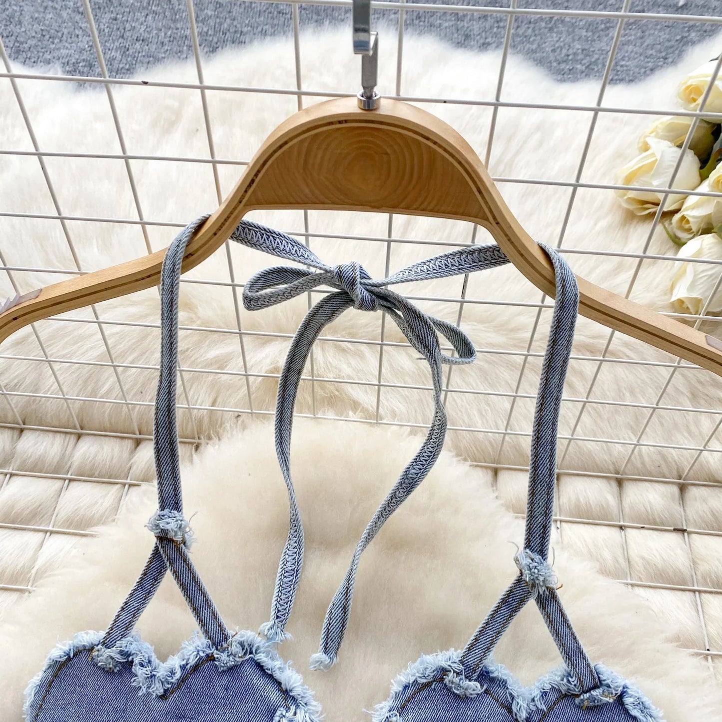 Blue American Hotsweet Sets Halter Sleeveless Backless Love Bikini Tops Button Basics Shorts Sexy Denim Suits Vintage Beach Suit