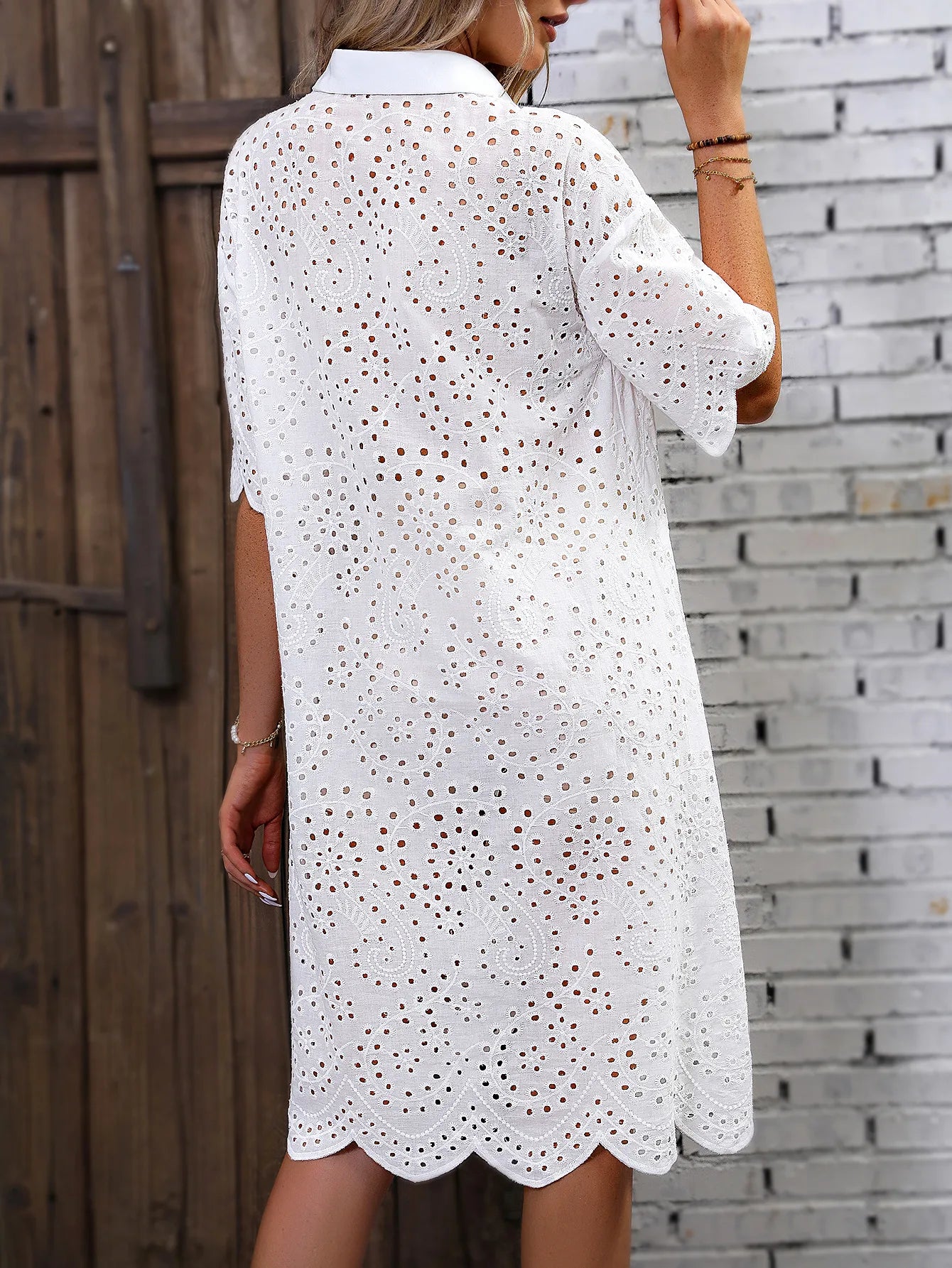 Eyelet Embroidery Drop-Shoulder Dress