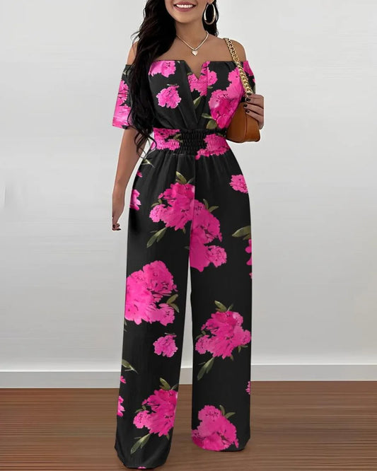 Off-Shoulder Shirred-Waist Wide-Leg Jumpsuit