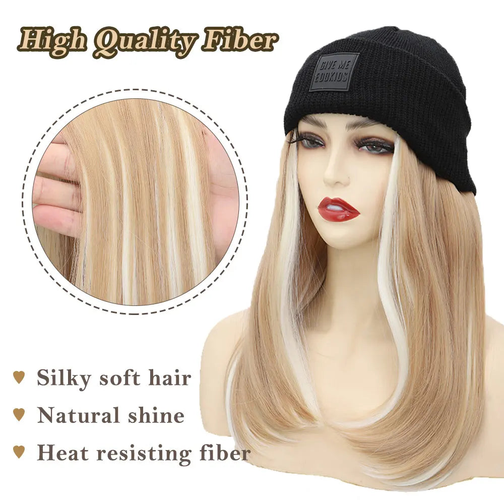 S-noilite Synthetic Black Hat Wig Beanies Hat With Hair Wigs For Women Straight Wavy Hair Warm Plush Knitted Autumn Winter Cap