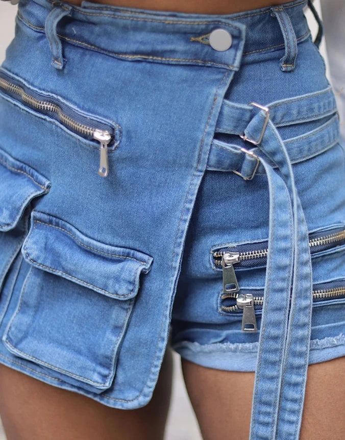 Denim Skort With Multiple Pockets and Zipper Design