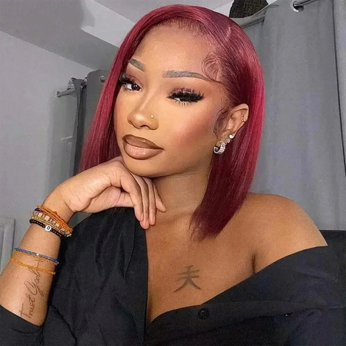 Burgundy Straight Short Brazilian Human Hair Wig