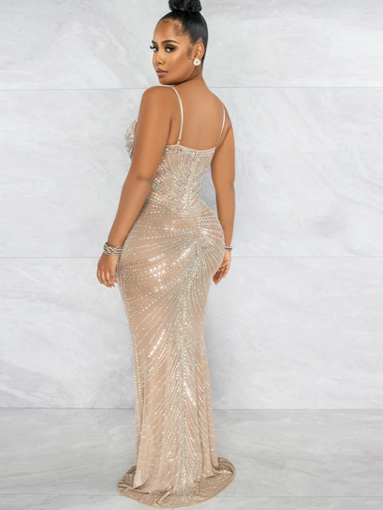 Beyprern Gorgeous Black Mesh Rhinestone Underwire Mermaid Dress