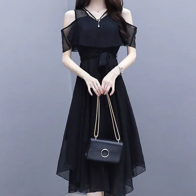 Elegant Fashion V-Neck Zipper Off-Shoulder Short-Sleeve A-Line Dress