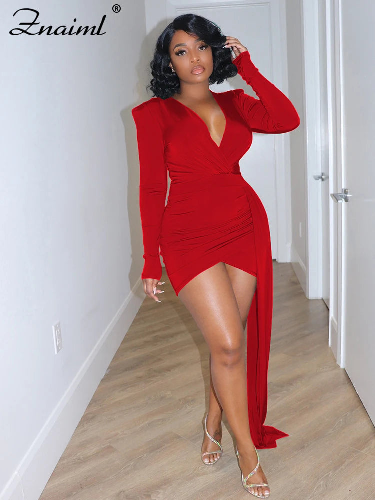 Ruched Wrap Long-Sleeve Ribbon Bodycon Dress