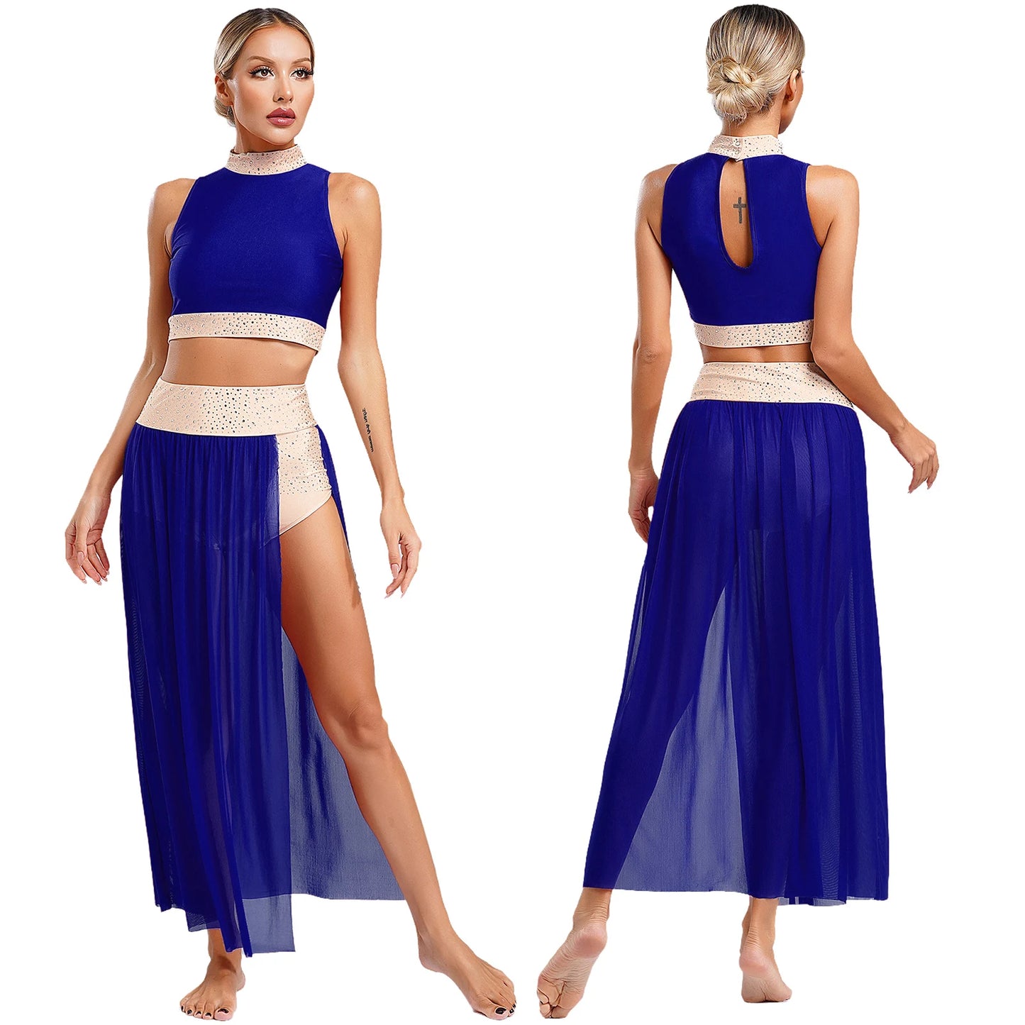Women Lyrical Dance Costume Sleeveless Rhinestone Ballet Gymnastic Leotard Skirt with Crop Top Set Contemporary Dance Dress