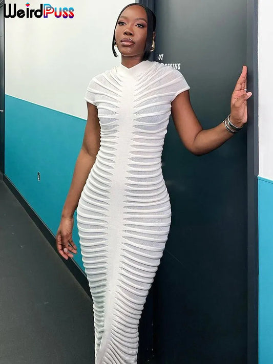 Knit Short-Sleeve Elegant Striped See-Through Solid Skinny Elastic O-Neck Bodycon Dress