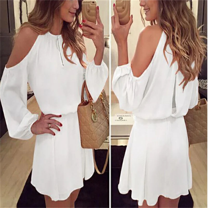 Elegant Long-Sleeve Chiffon Off-Shoulder Ruffled Dress