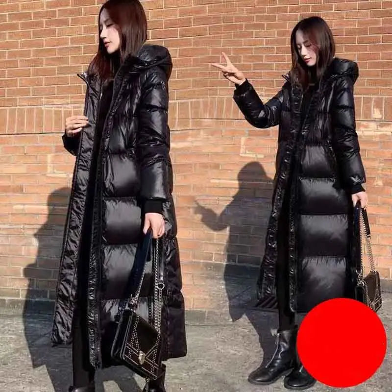 Over-The-Knee Glossy  Slim Hooded Winter Jacket