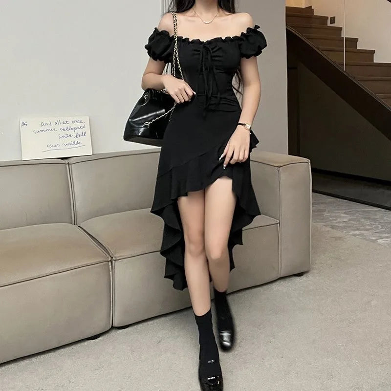 New Off-Shoulder Ruffle Irregular-Hem Dress