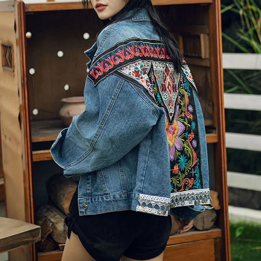 Floral Boho Denim Jacket For Women