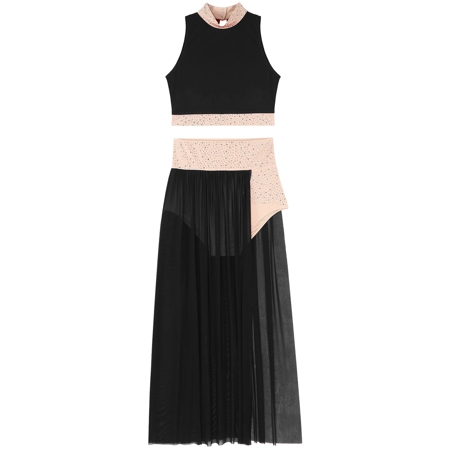 Women Lyrical Dance Costume Sleeveless Rhinestone Ballet Gymnastic Leotard Skirt with Crop Top Set Contemporary Dance Dress