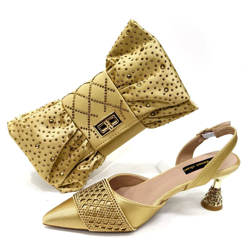 New Elegant Heels & Rhinestone Handbag Set