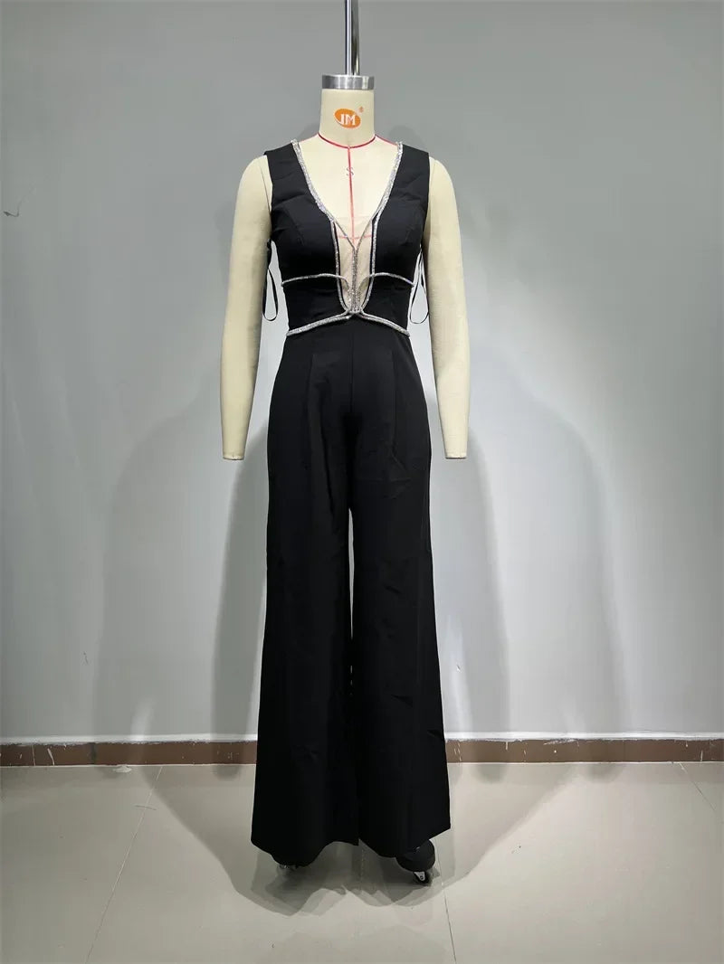 Low-Cut Water Diamond Wrapped jumpsuit