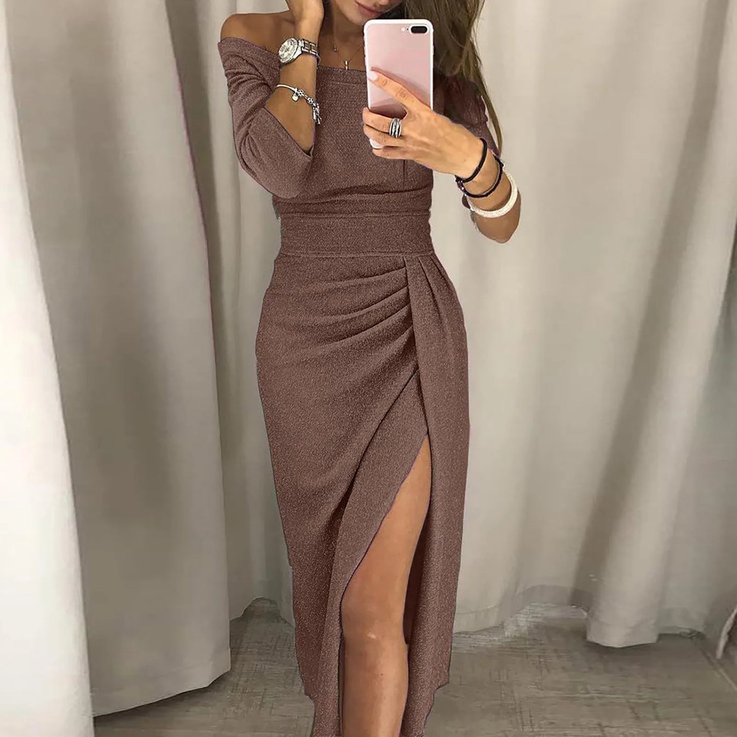 Long Sleeve Strapless High-Slit Tight Party Dress